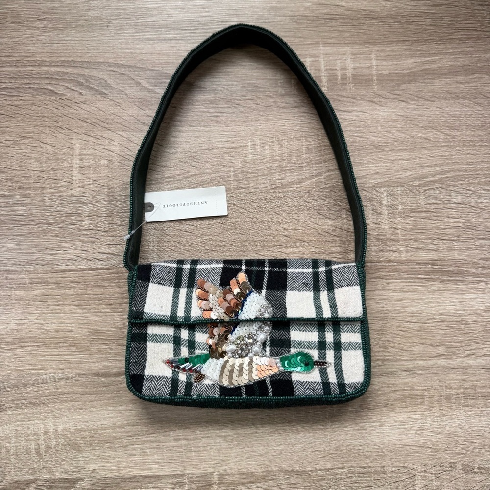 Anthropologie The Fiona Beaded Shoulder Bag Animal Edition Duck Plaid Green
